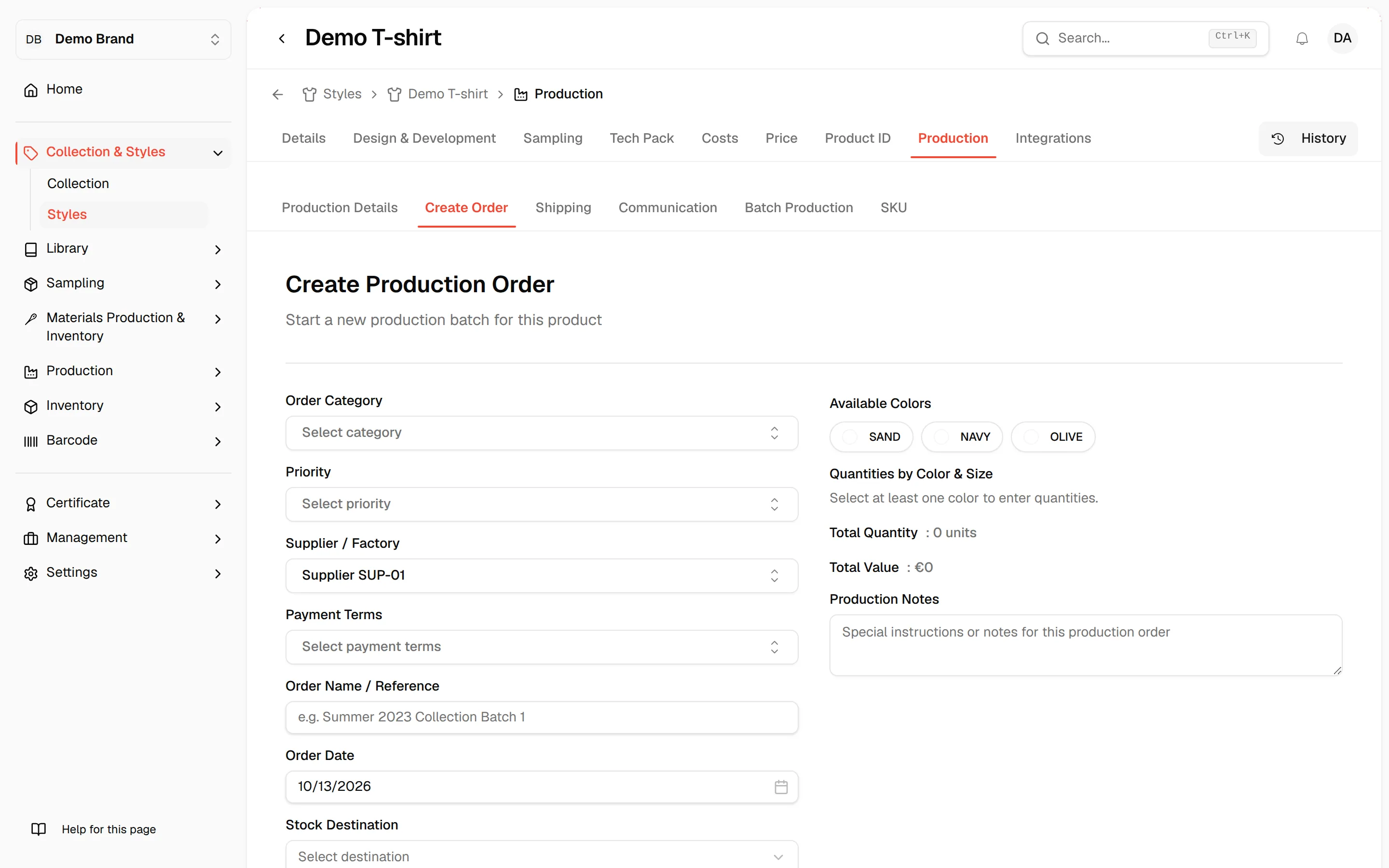 The Create Order tab of the style Production page with the Create Production Order form