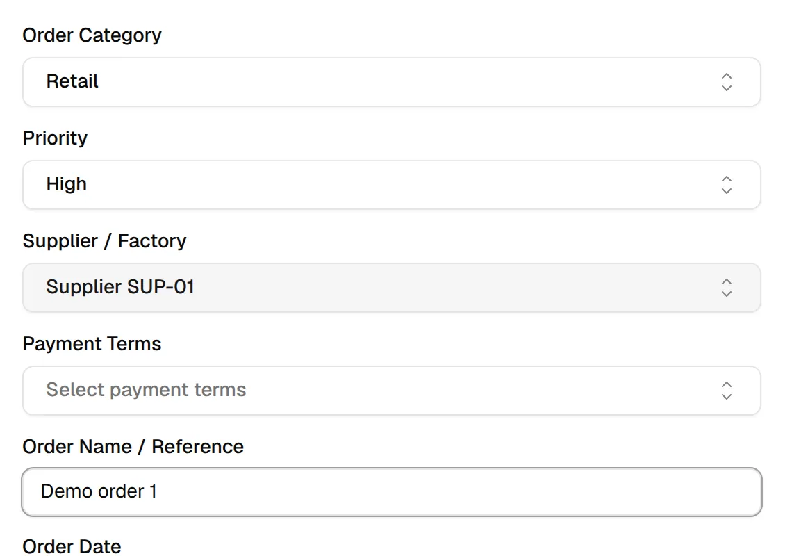 The first fields of the order form: Order Category, Priority, Supplier / Factory, Payment Terms and Order Name / Reference