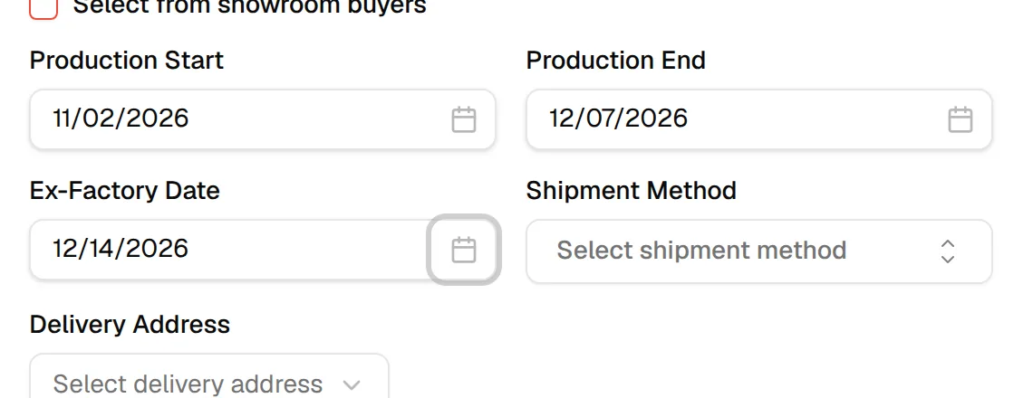 The Production Start, Production End and Ex-Factory Date fields with dates entered, next to Shipment Method and Delivery Address
