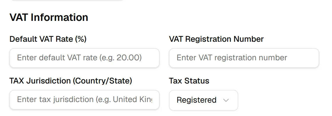 The VAT Information section with Default VAT Rate, VAT Registration Number, TAX Jurisdiction and Tax Status