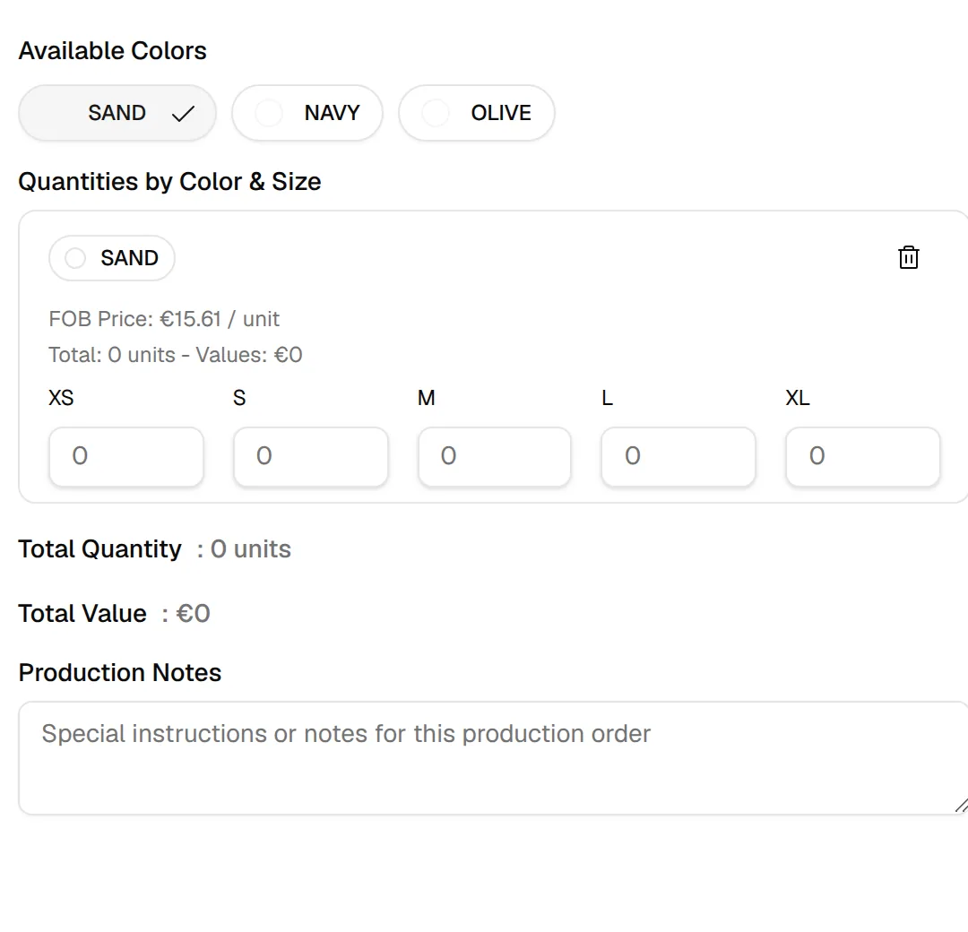 Quantities by Color & Size for the SAND colour with its FOB price per size, total units and value