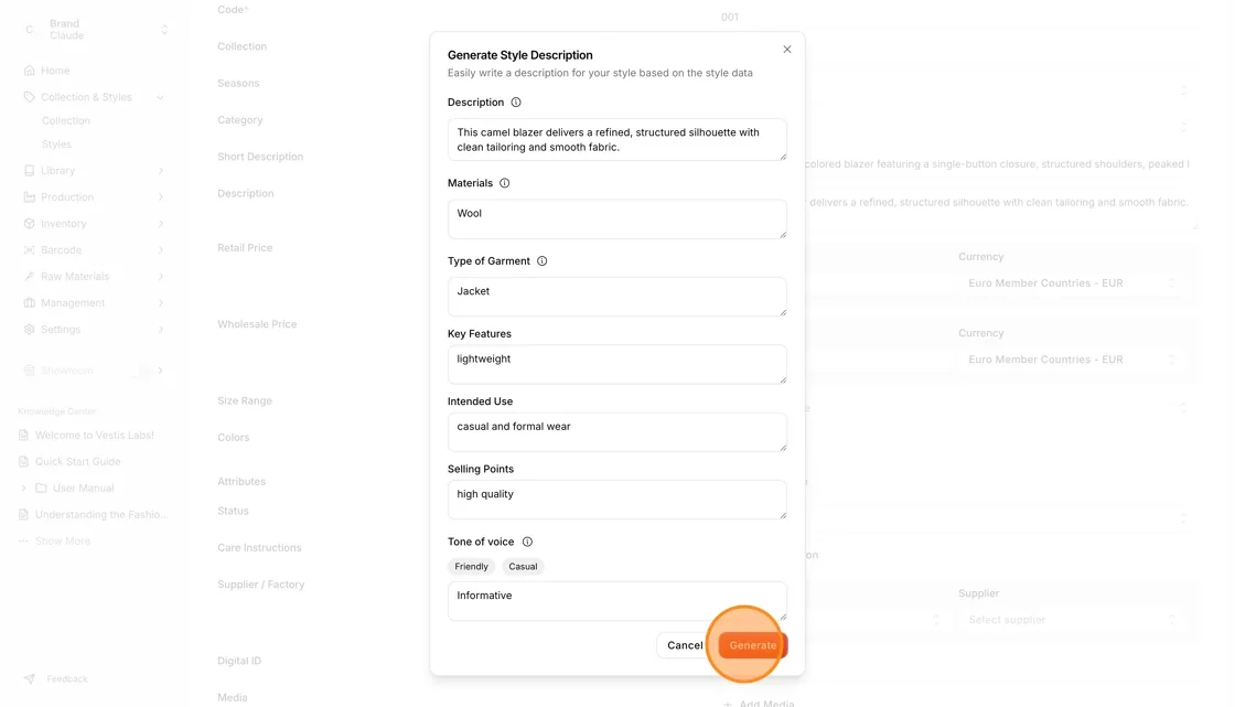 Users need to complete the Generate AI Style Description and click the "Generate" button on the bottom right side of the…
