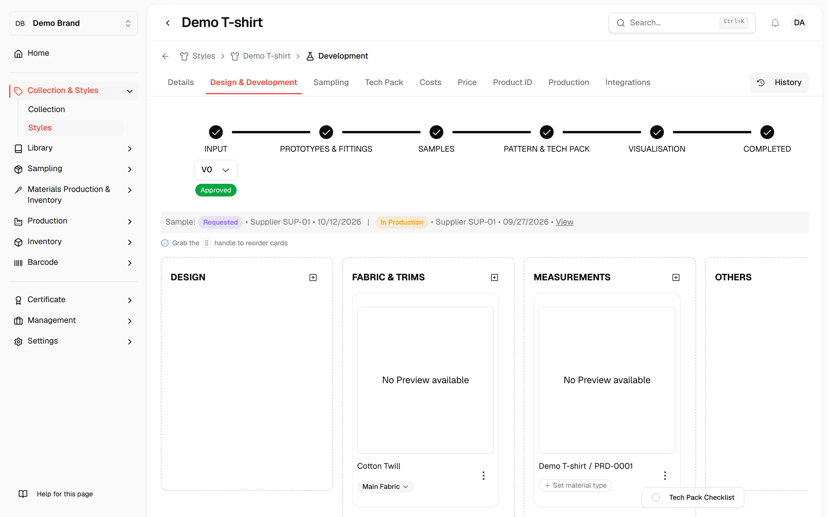 The Design & Development page with the six stages, the version and its approval status, and the cards of the current stage
