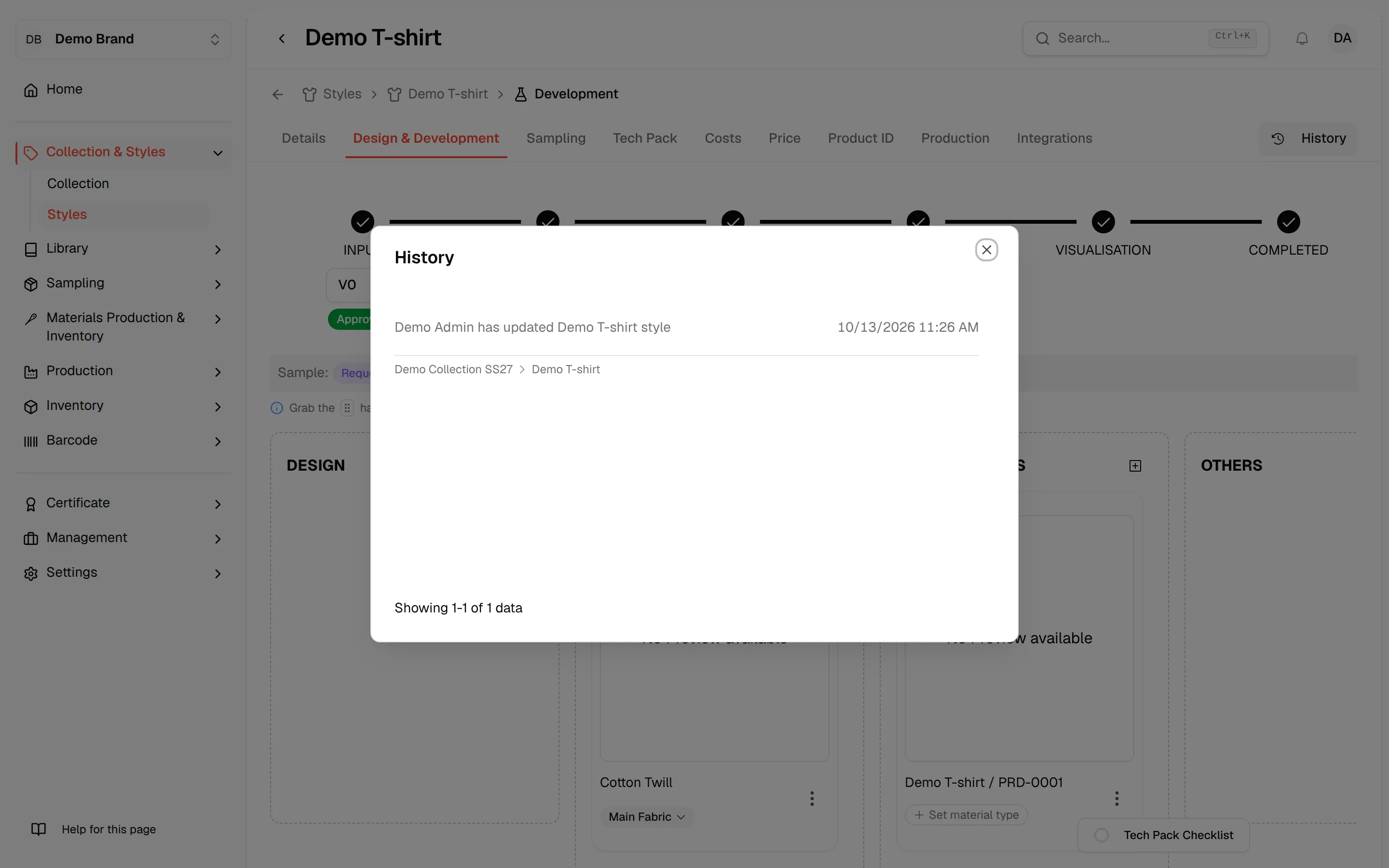 The History panel that lists the actions taken on Design & Development