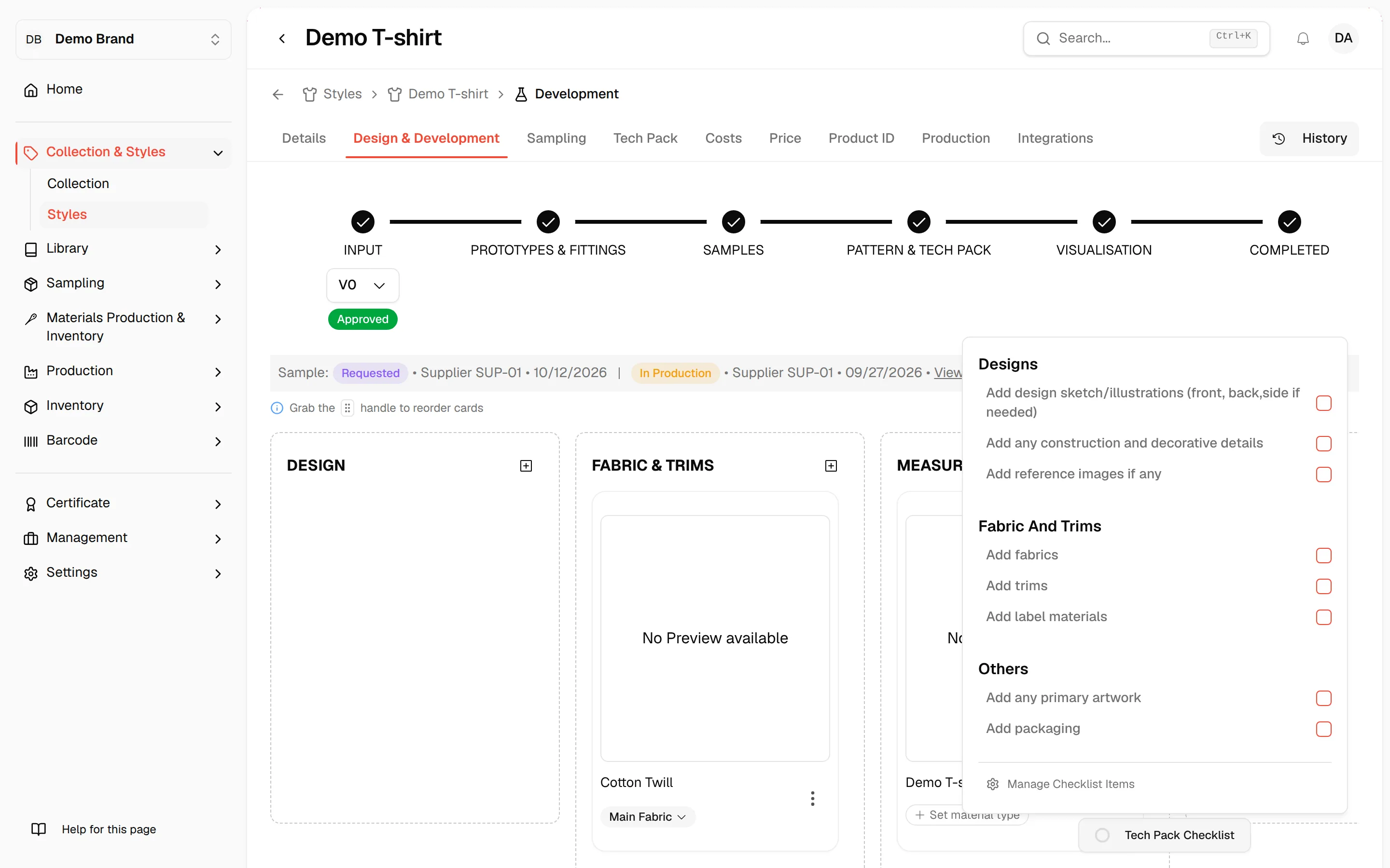 The Tech Pack Checklist popover with the checklist items and the Manage Checklist Items link