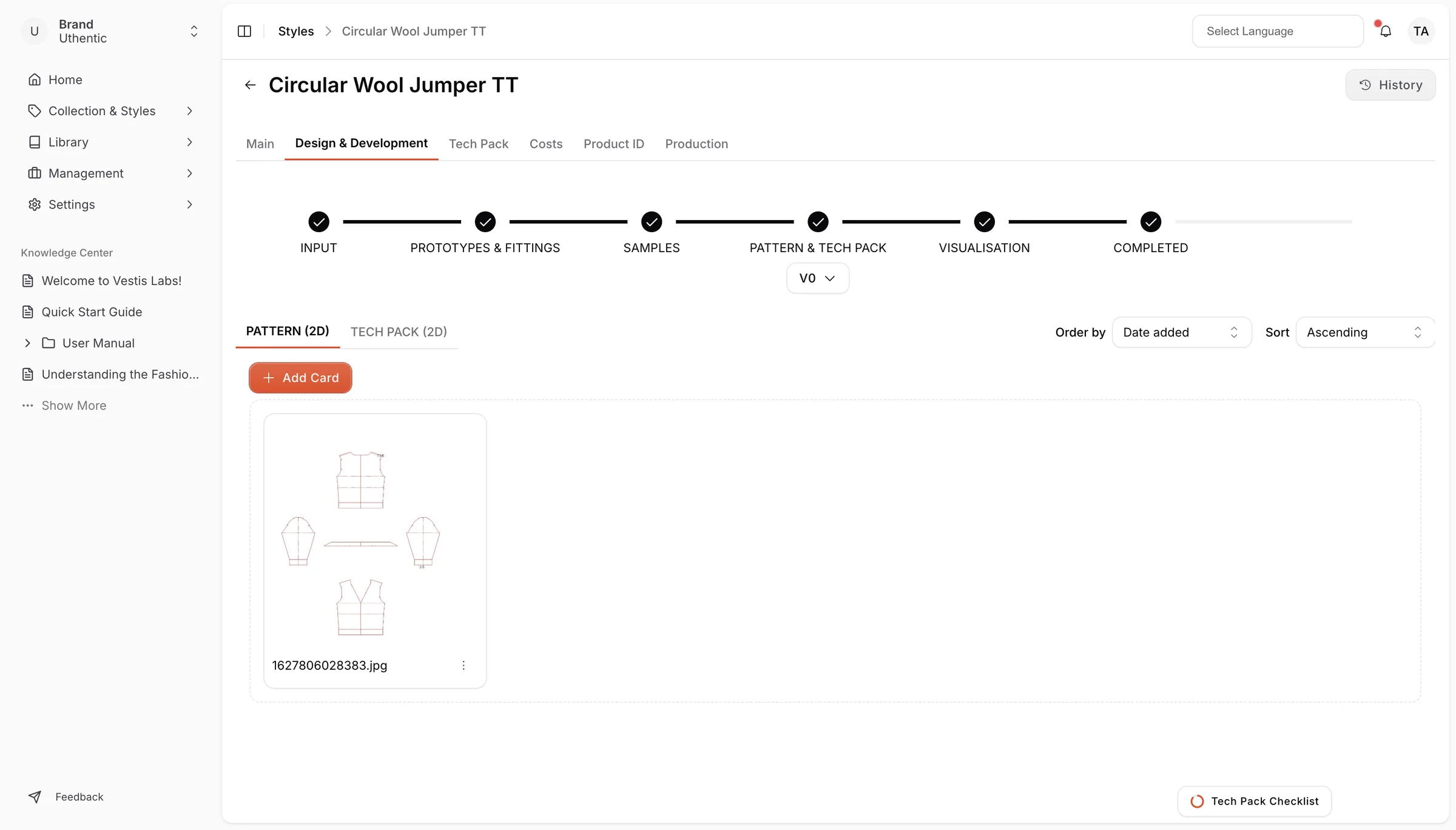 the Pattern & Tech Pack stage, there 2 sections: