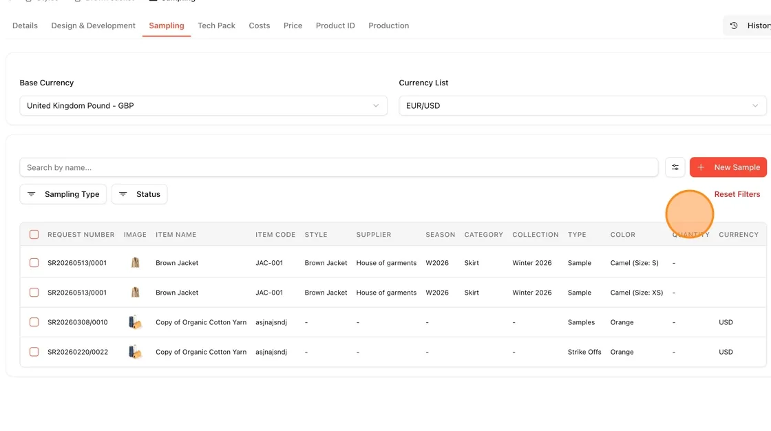 The sampling requests will be created and displayed in the Sampling section.
