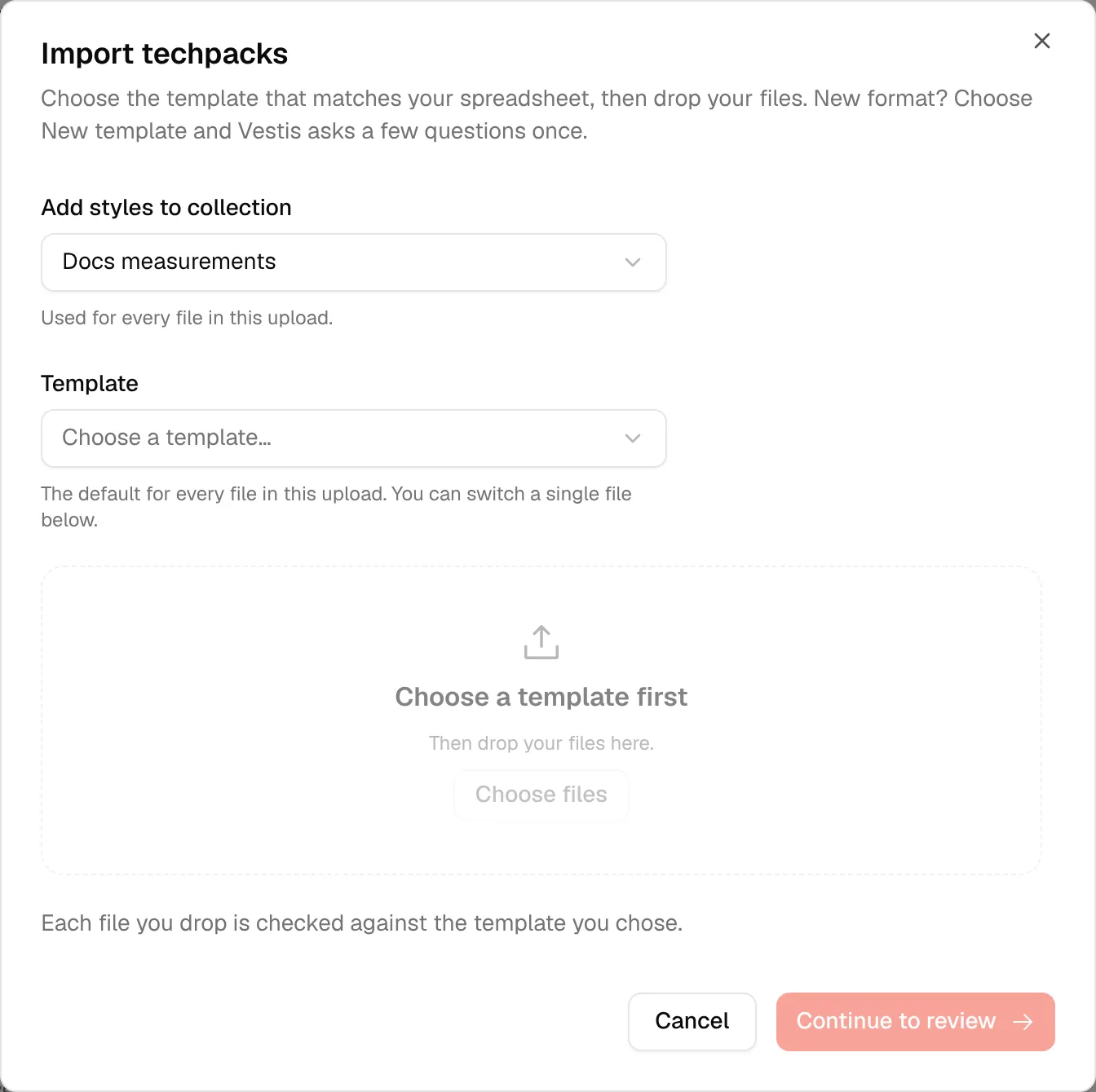 The Import techpacks dialog: the Template field is empty and the drop zone is locked until you choose a template