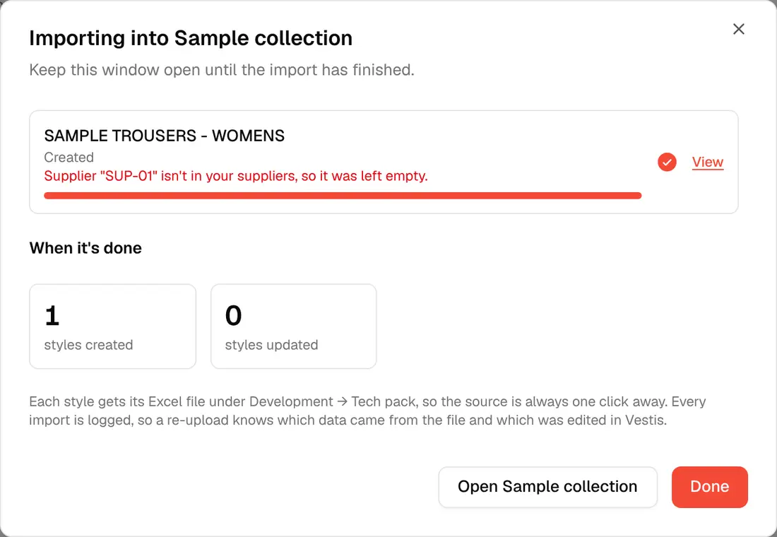 The import finishing, showing the style created and a note about where the file has landed