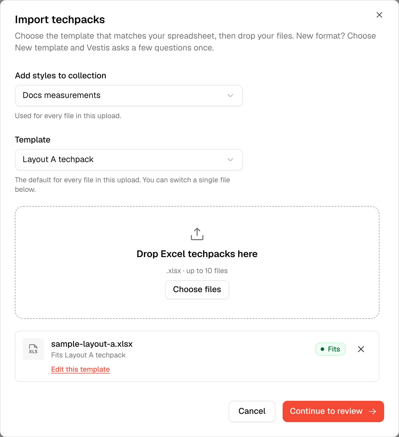 The upload step with Layout A techpack chosen and the file marked Fits