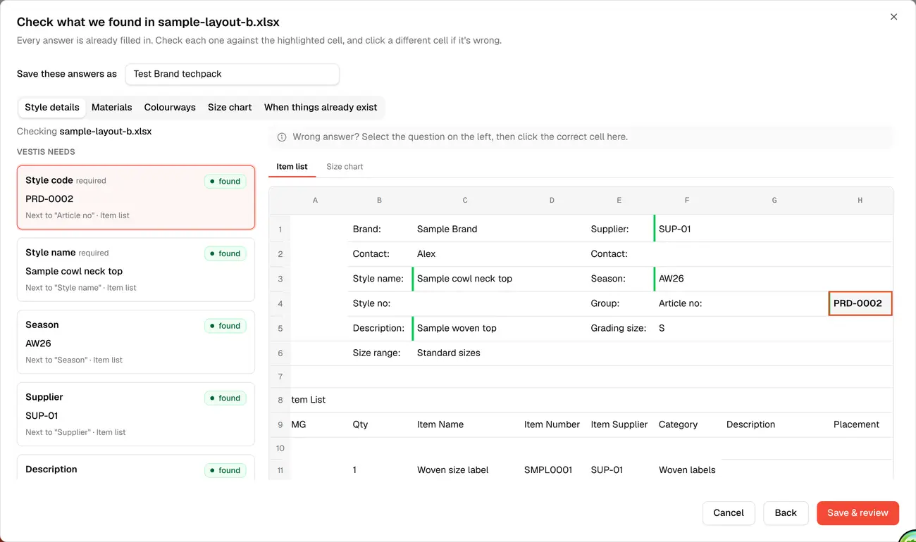 Style code fixed after clicking the correct cell, now showing PRD-0002