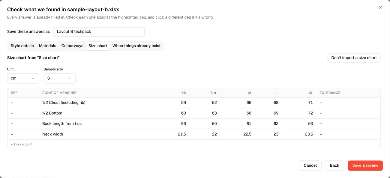 Size chart tab for Layout B, showing sizes XS to XL