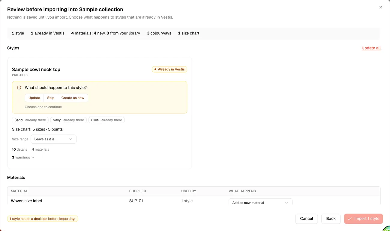 A style flagged Already in Vestis, with Update, Skip and Create as new choices
