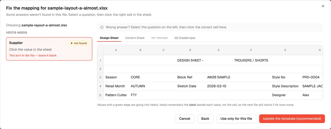 The Fix mapping screen, showing only the Supplier question that couldn't be found