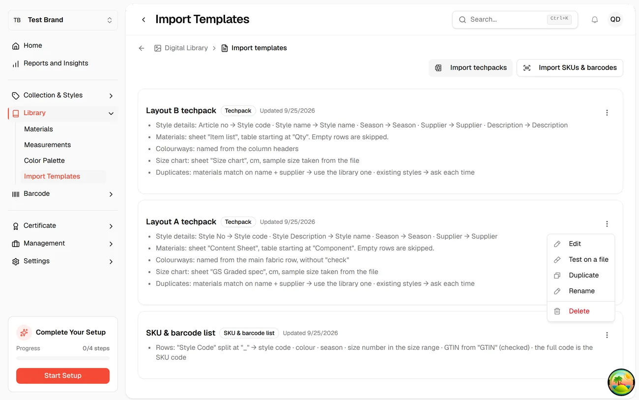 The template actions menu: Edit, Test on a file, Duplicate, Rename, Delete