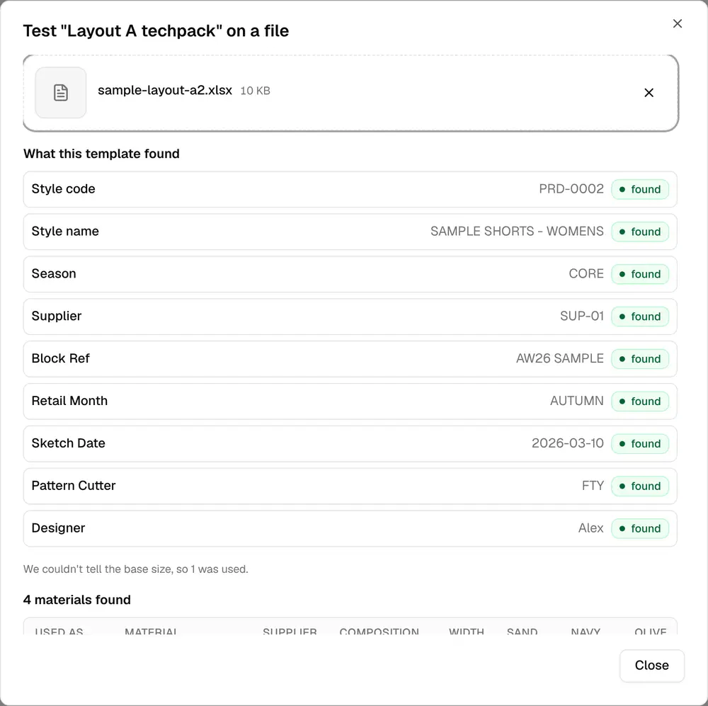 A Test on a file result, showing every field a template found in a sample file