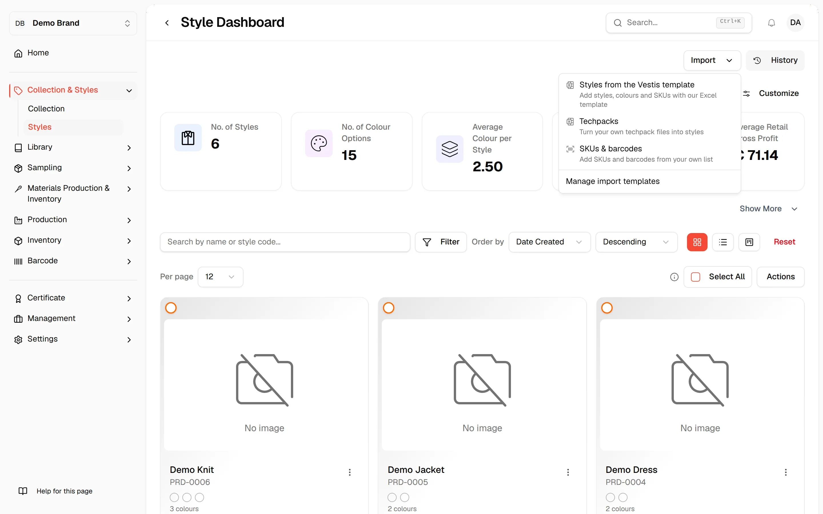 The Import menu on the Styles page, open with Techpacks, SKUs & barcodes and Manage import templates