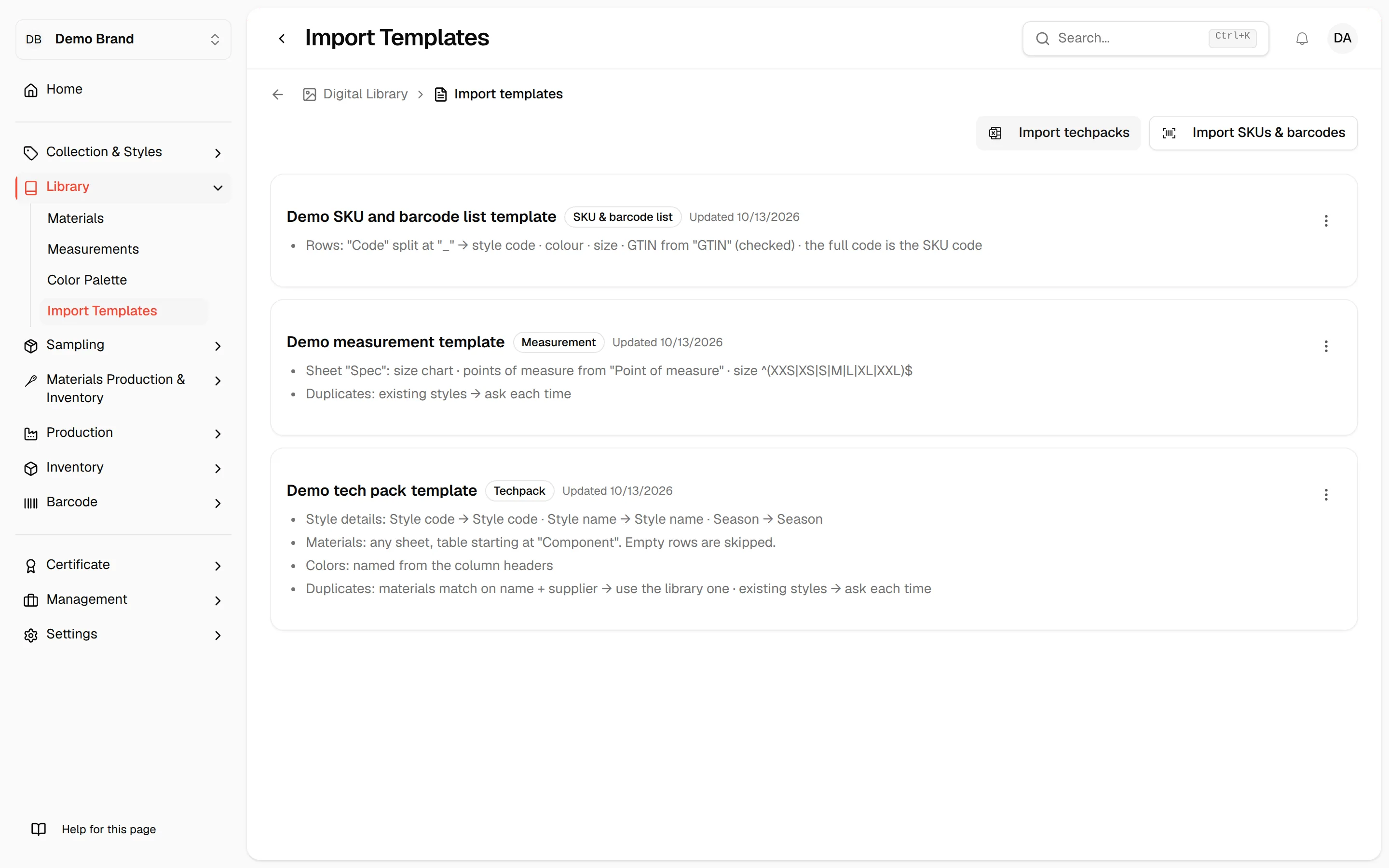 The Import Templates page listing every saved template with its actions