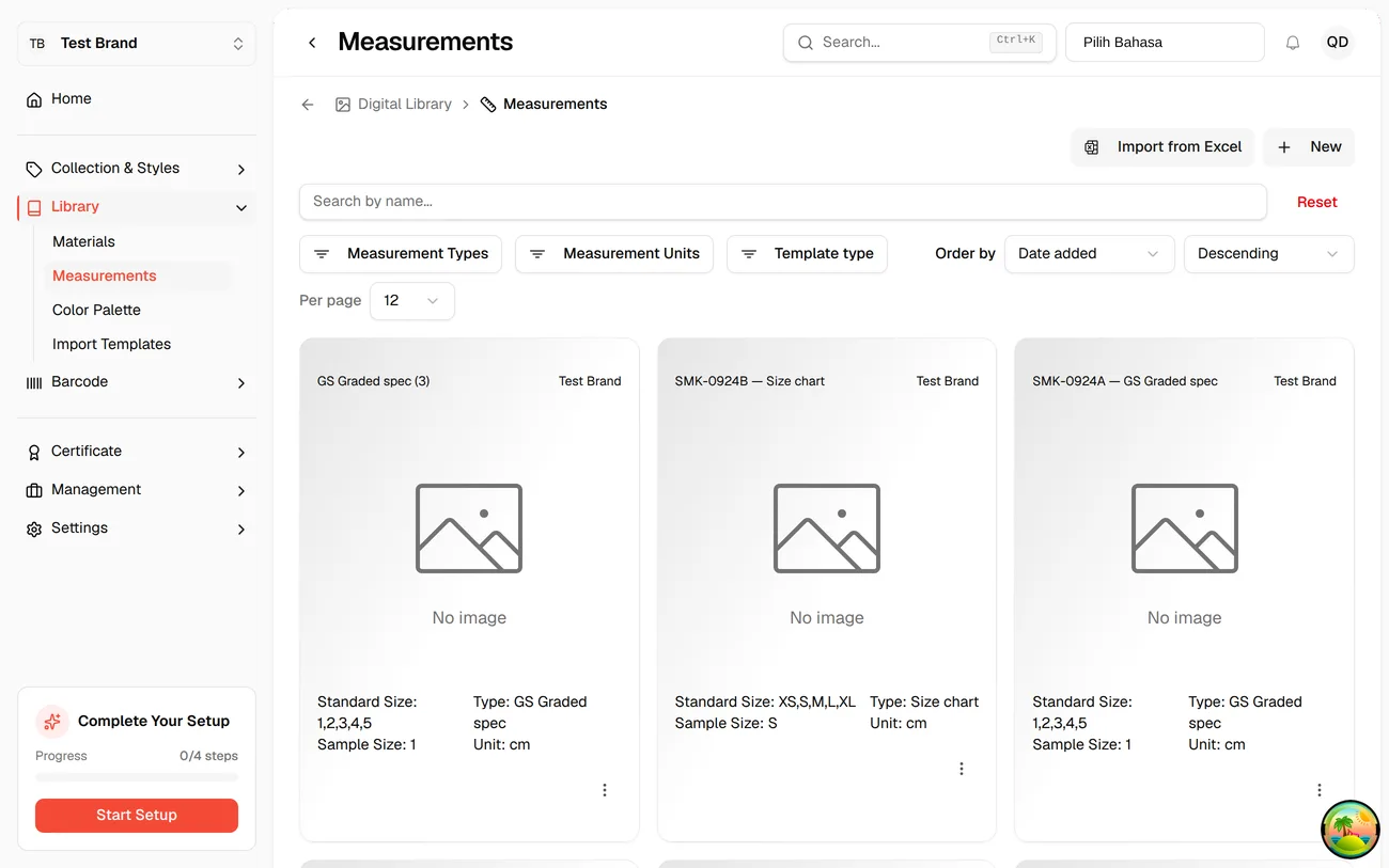 The Measurements library, with the Import from Excel button top right
