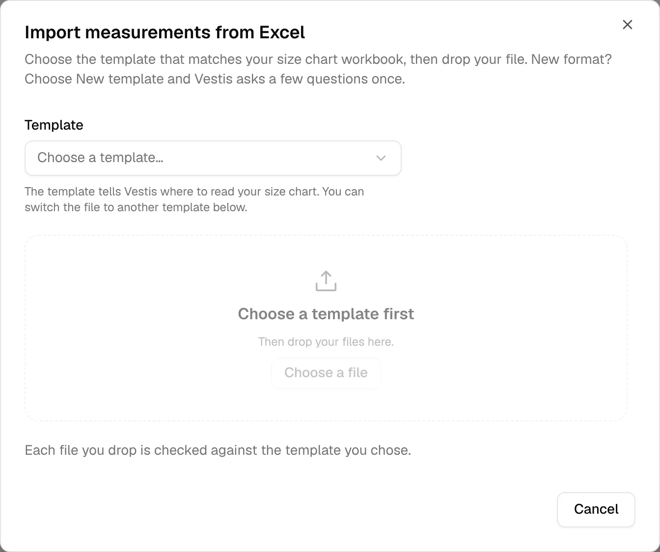 The import dialog with an empty Template field and a locked drop zone