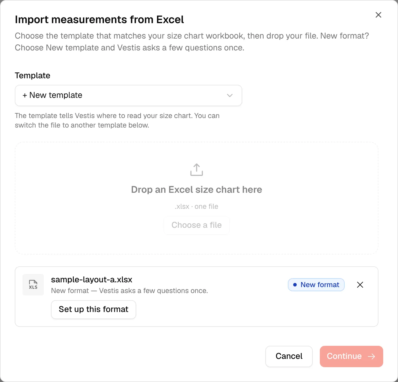 With + New template chosen, the file is marked New format, with a Set up this format button