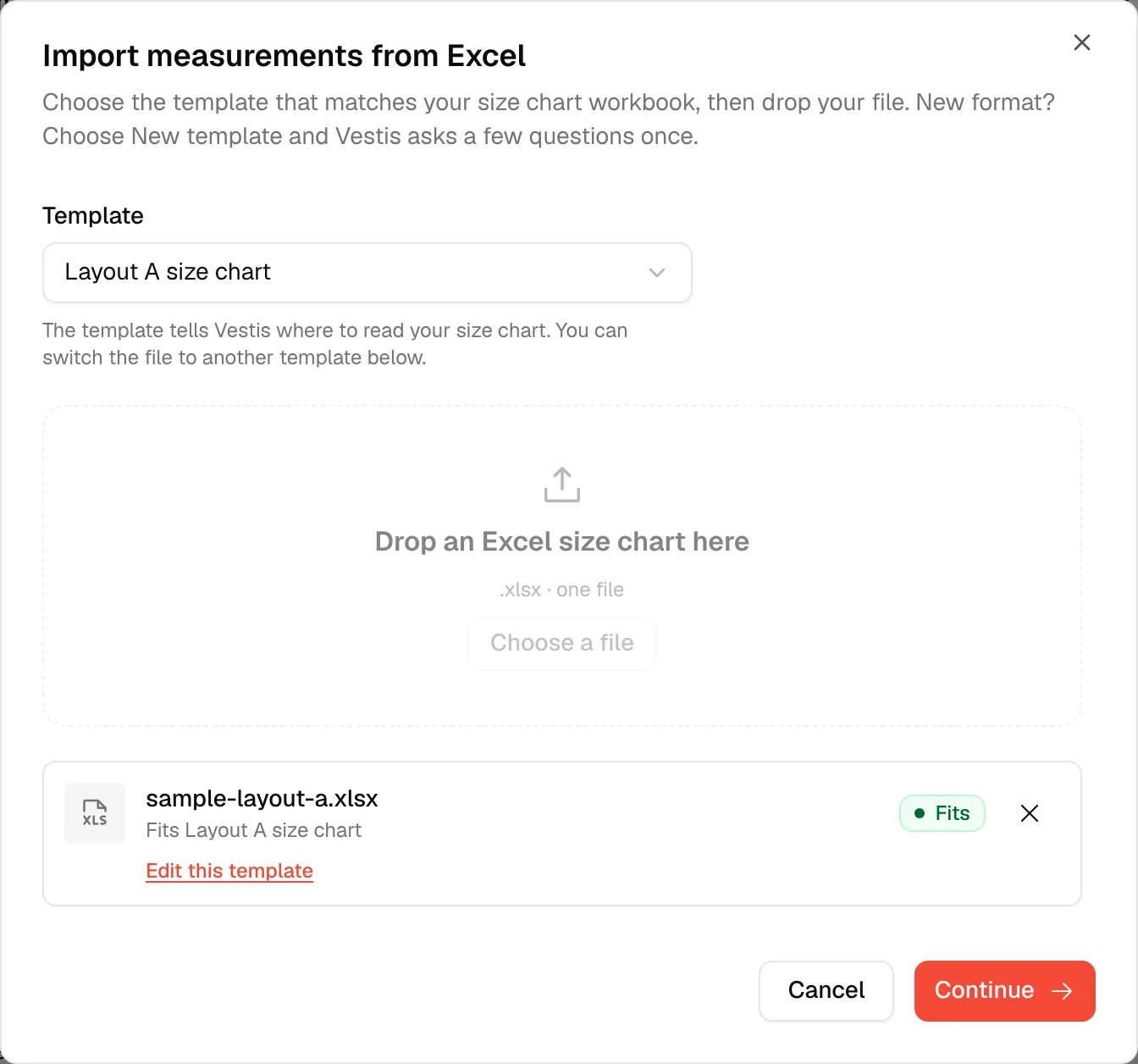 Upload step: Layout A size chart chosen, and the file shows Fits