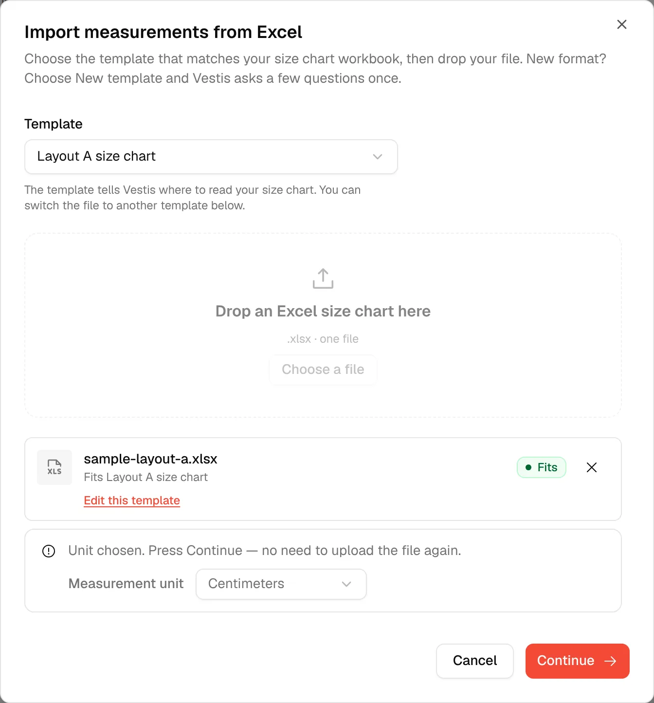 The upload step with Centimeters picked