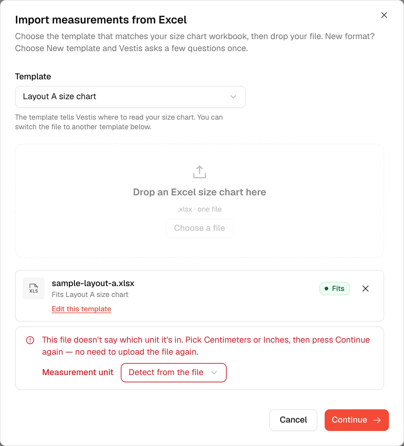 The upload step after pressing Continue, with the unit question and Measurement unit picker
