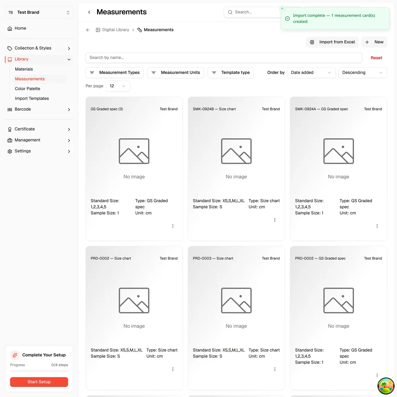 The Measurements library after import, with a success message and the new card