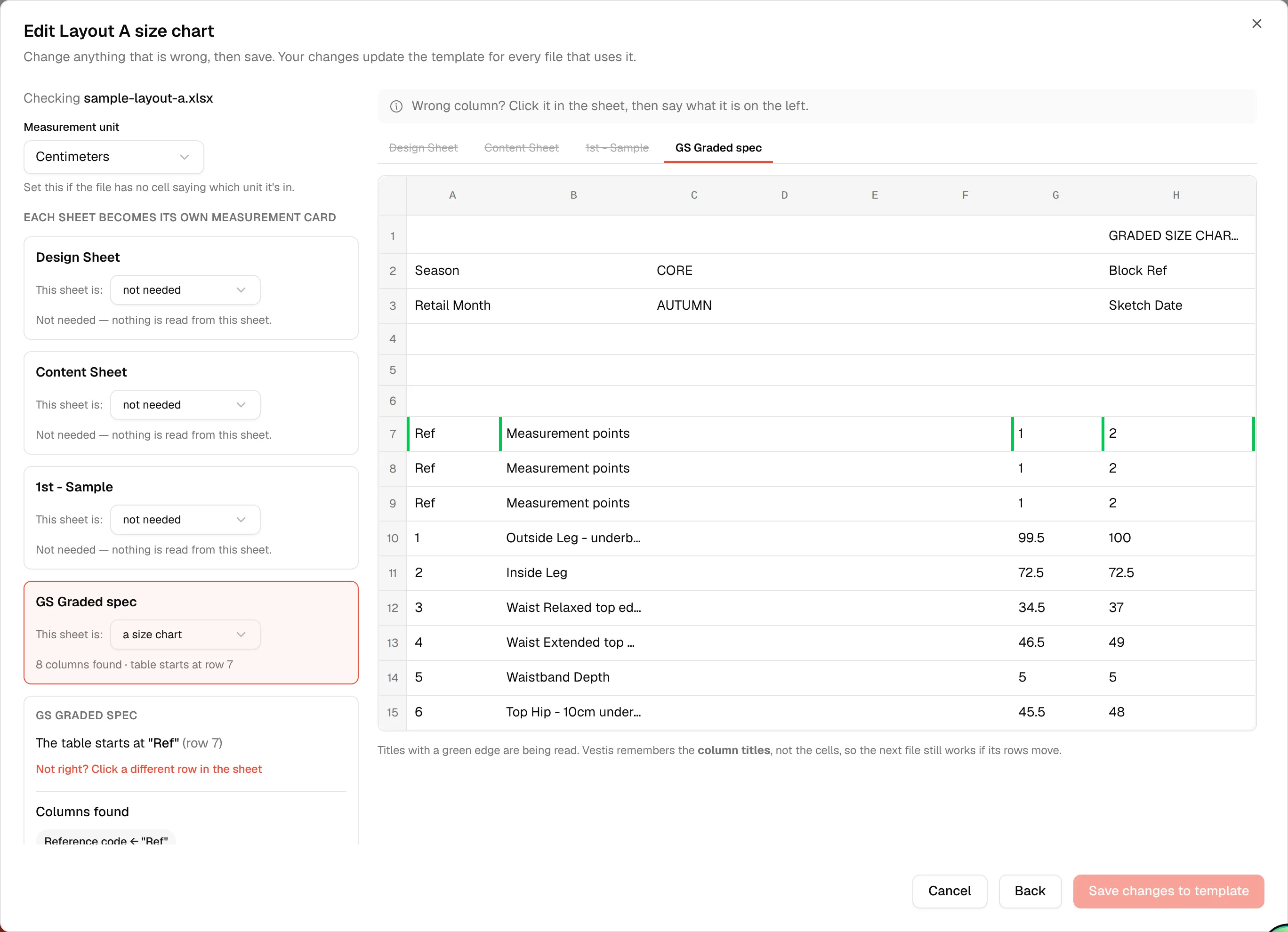 Edit Layout A size chart: the template's answers applied to the file, with Save changes to template