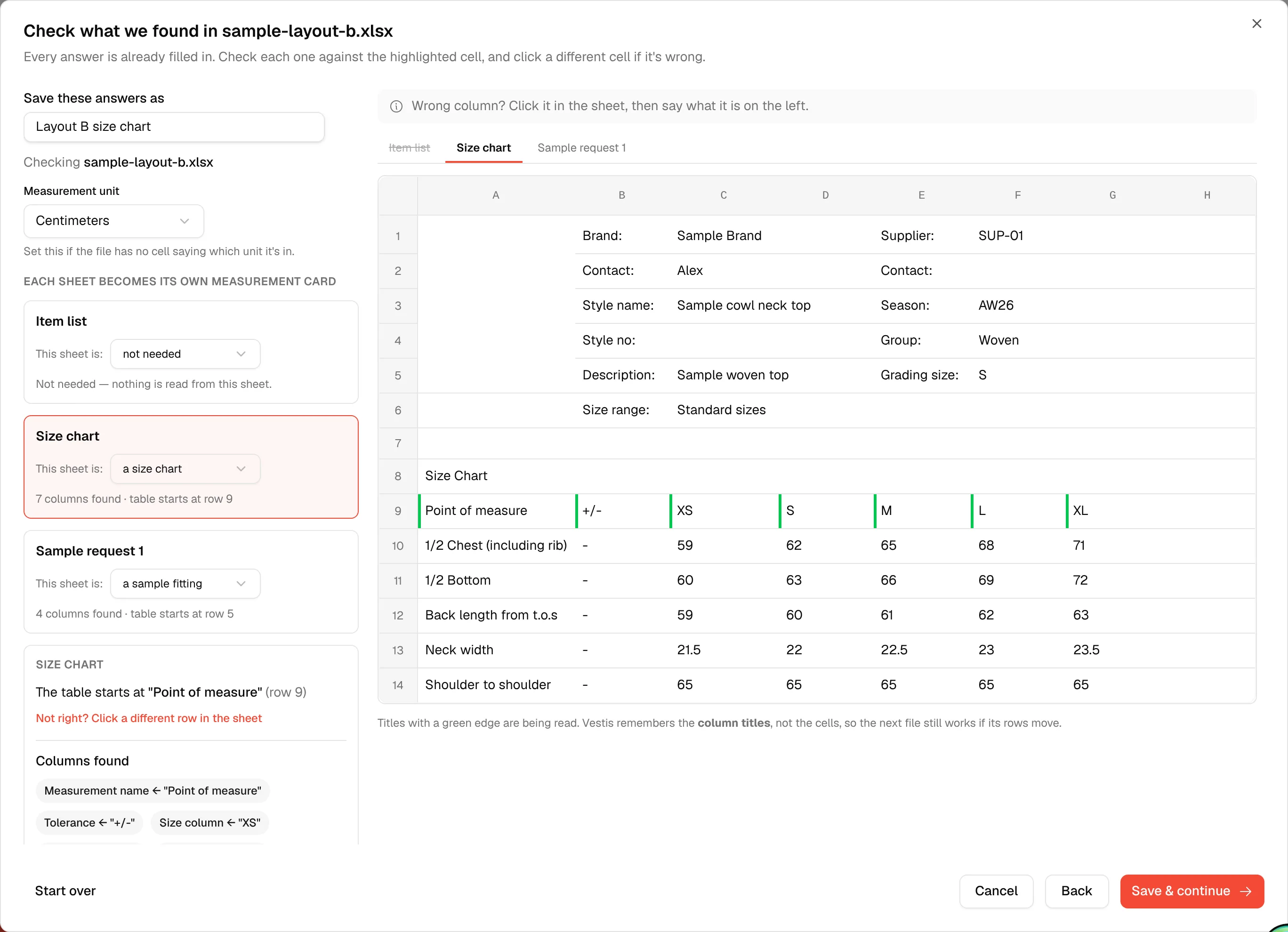 The Check screen for sample-layout-b.xlsx: Size chart is a size chart, Sample request 1 is a sample fitting