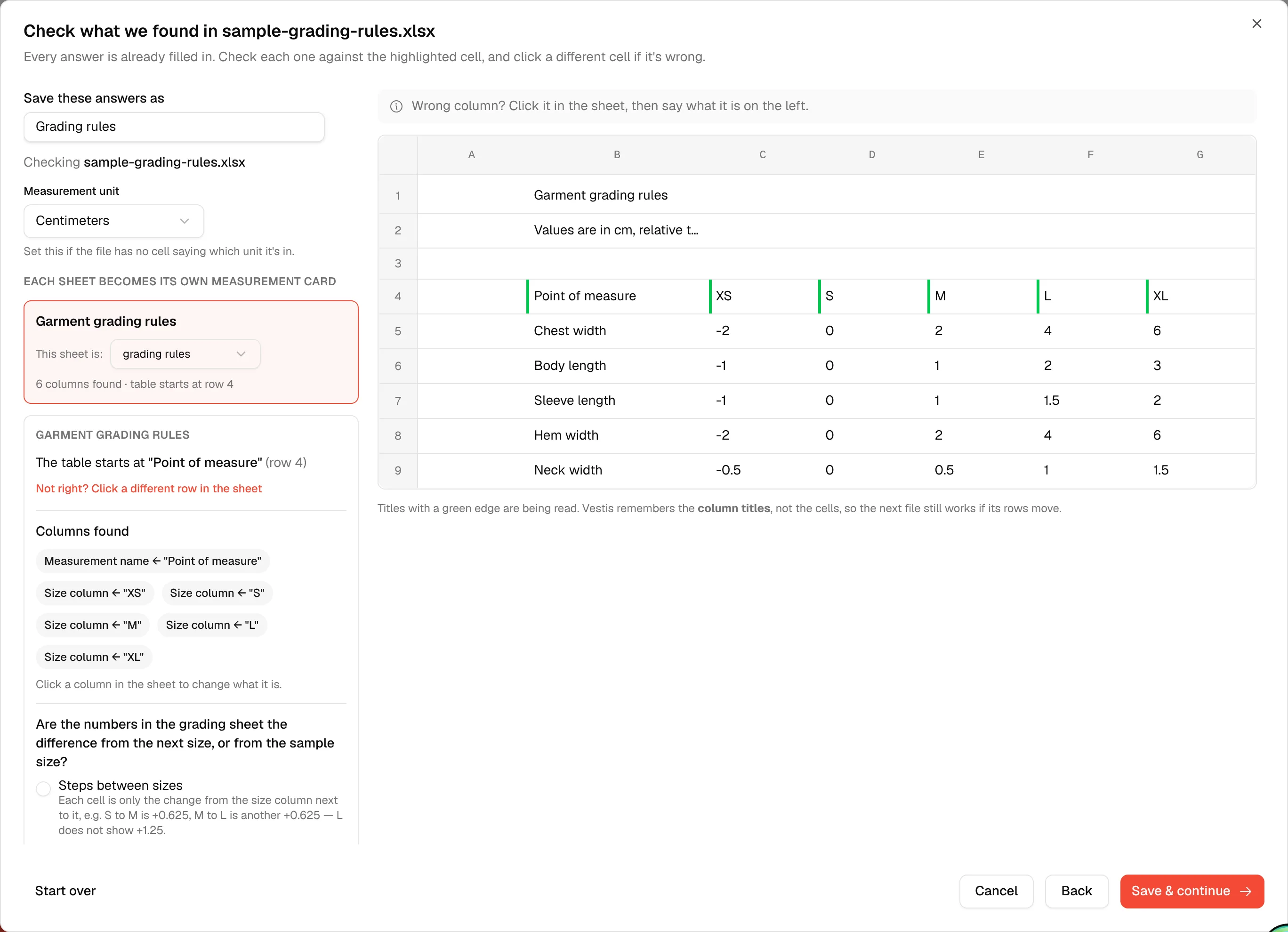 The Check screen for sample-grading-rules.xlsx: the sheet is read as grading rules
