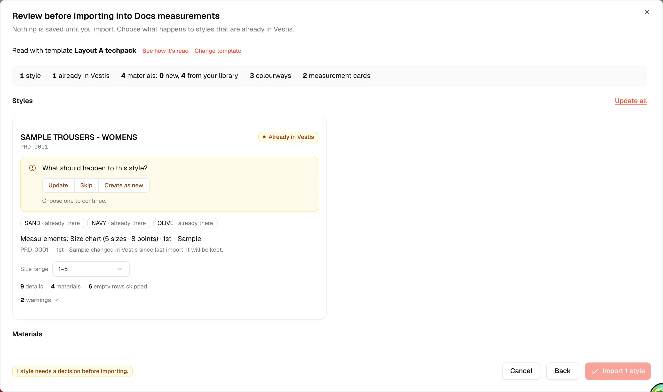 The Review screen on a re-import, showing "1st - Sample changed in Vestis since last import. It will be kept."