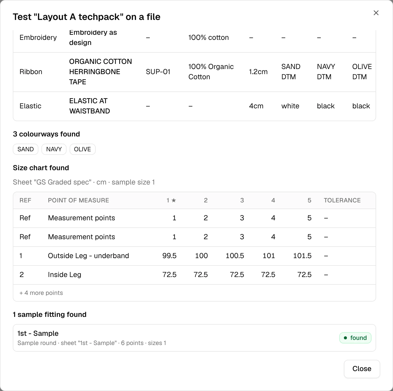 Test on a file result, showing "1 sample fitting found"
