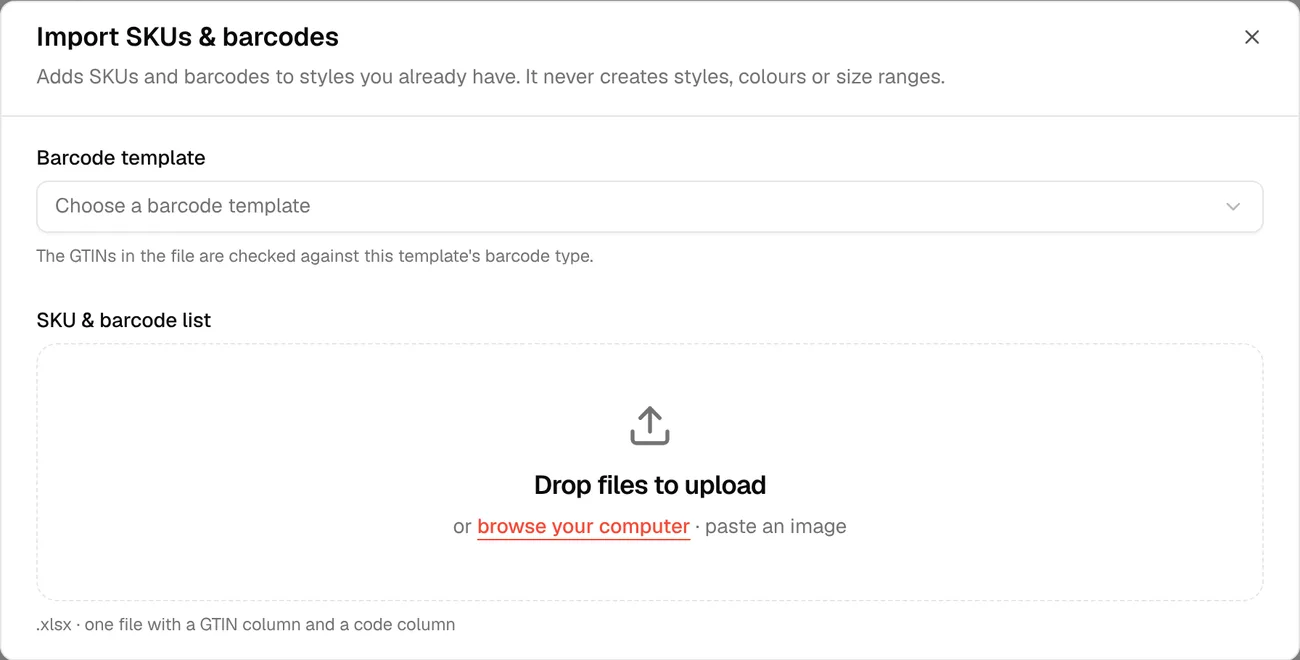 The Import SKUs & barcodes dialog, empty