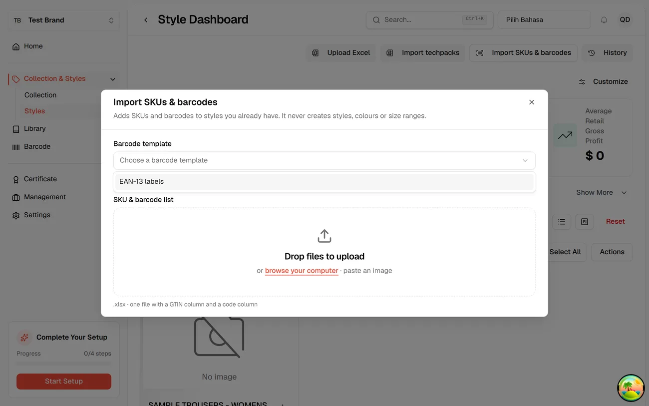 The barcode template dropdown open, showing EAN-13 labels