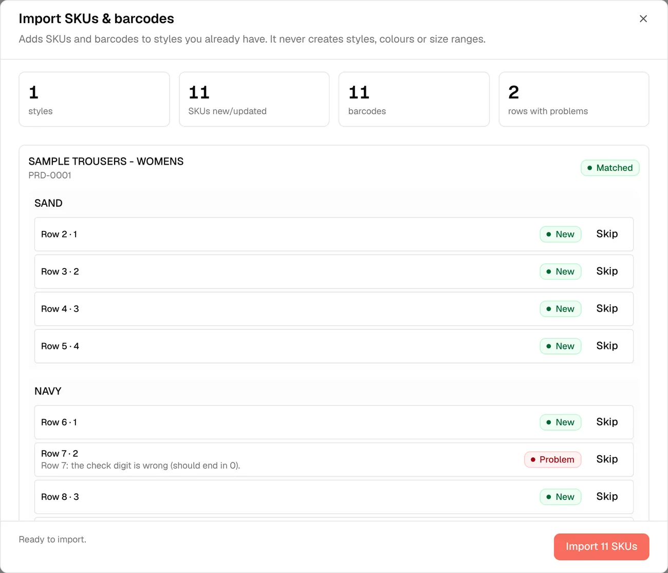 The review screen: 1 style, 11 SKUs, 11 barcodes, 2 rows with problems