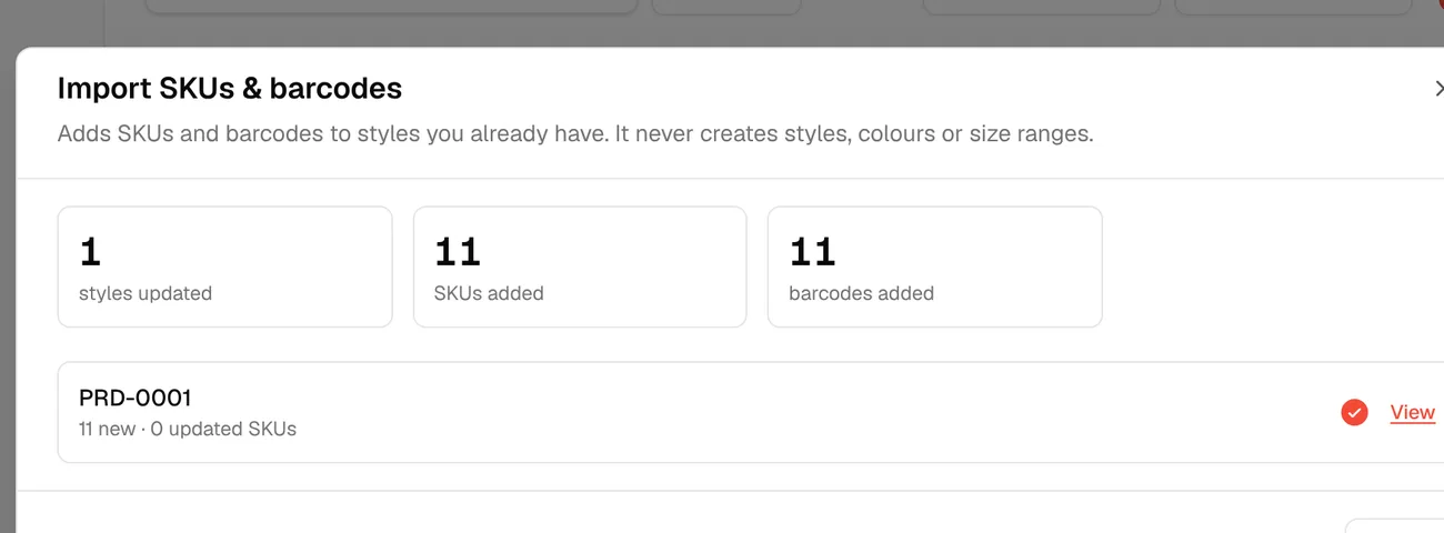 The finished import: styles updated, SKUs added, barcodes added