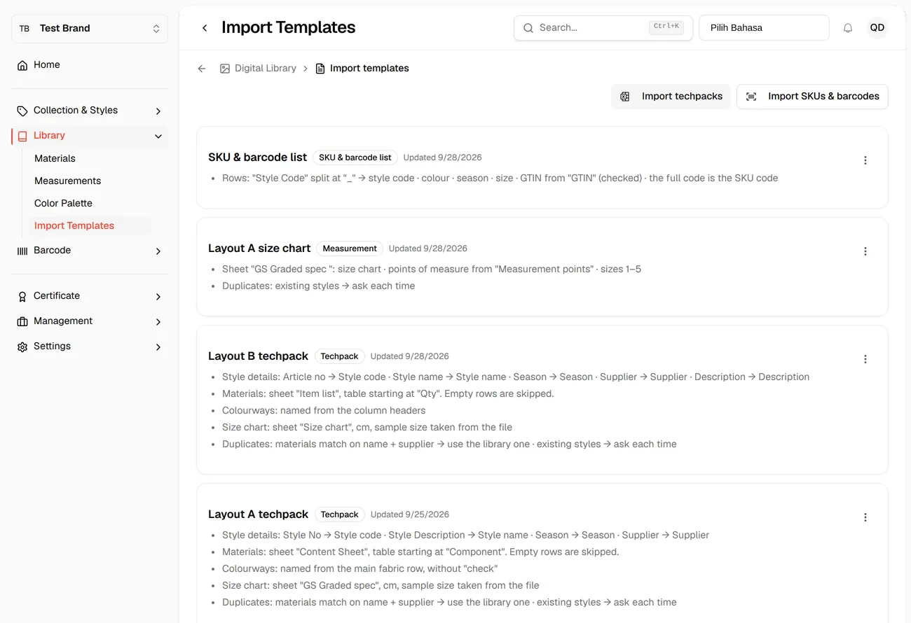 The Import Templates page, listing a SKU & barcode template, a measurement template, and two techpack templates