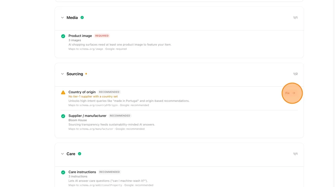 Any field showing an amber warning icon and a Fix → link can be fixed directly.