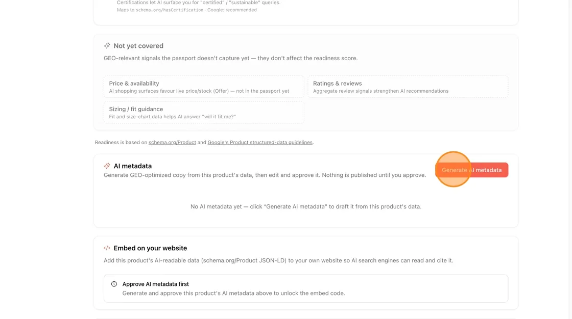 If AI metadata has not been generated yet, the panel will show: “No AI metadata yet — click Generate AI metadata to draft it…