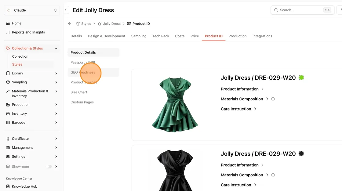 Open GEO Readiness — In the left sidebar of the Product ID tab, click GEO Readiness.
