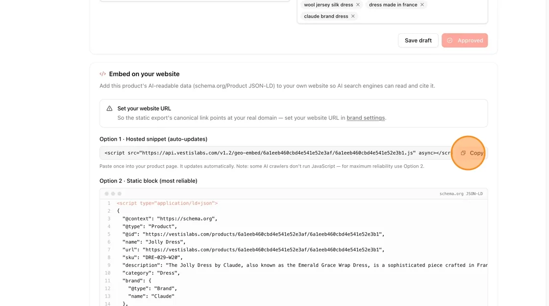 Click Copy next to the option you want (Option 1 shown here is the simplest — one script tag that stays in sync).