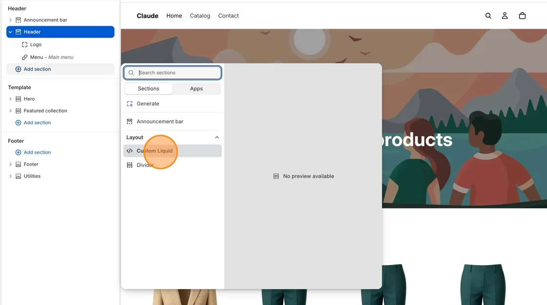 Choose Custom Liquid — In the "Add section" panel, under Layout, select Custom Liquid.