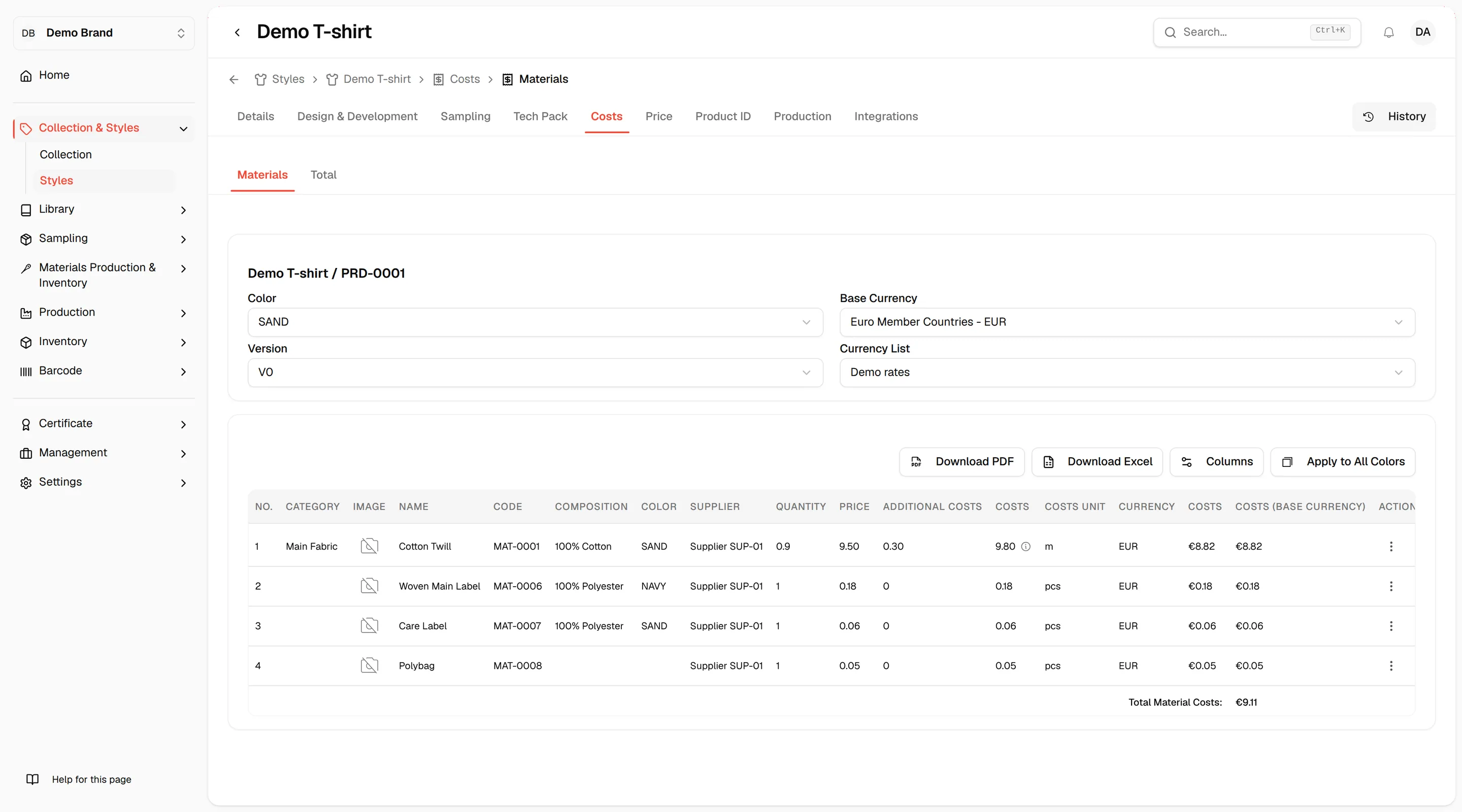 The Materials tab under Costs with the Color, Version, Base Currency and Currency List selectors above the cost table