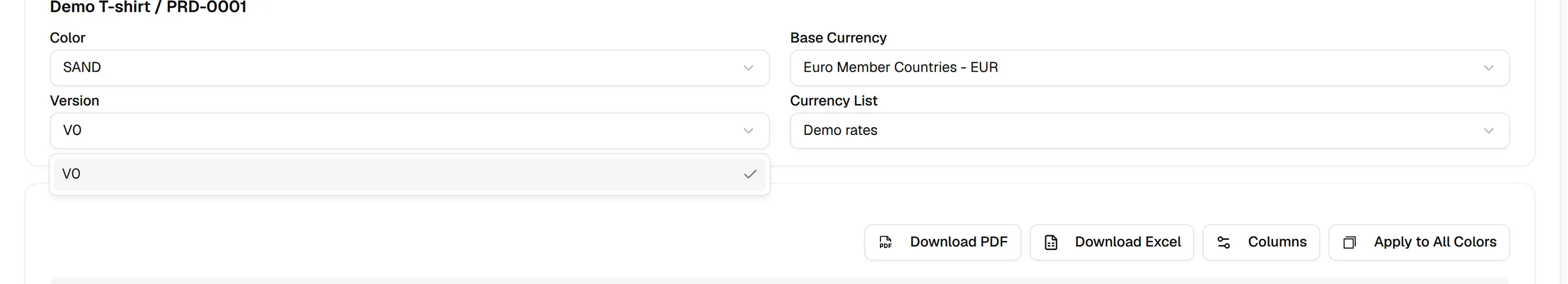 The Version dropdown open above the cost table