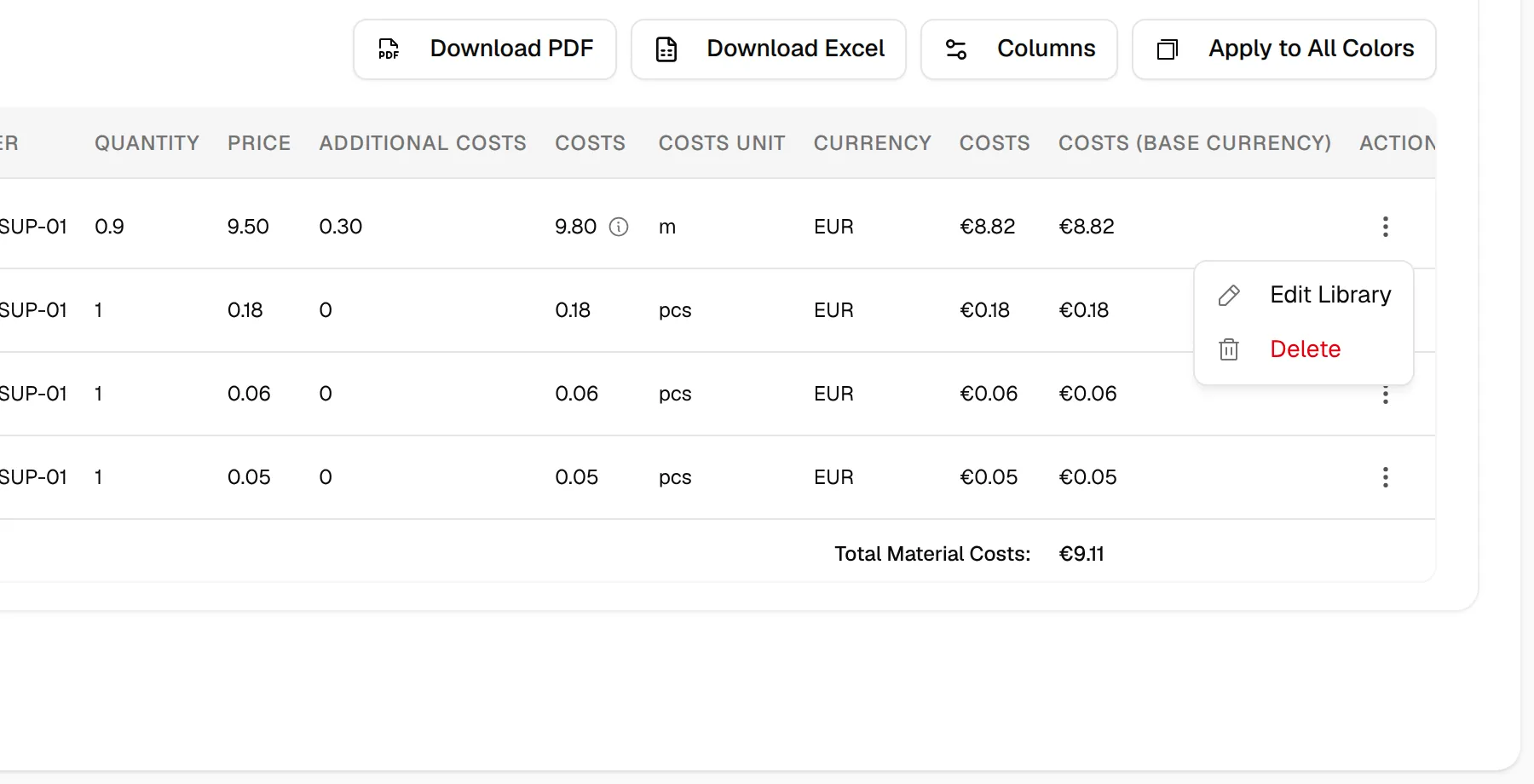 The three dots menu of a material row with Edit Library and Delete