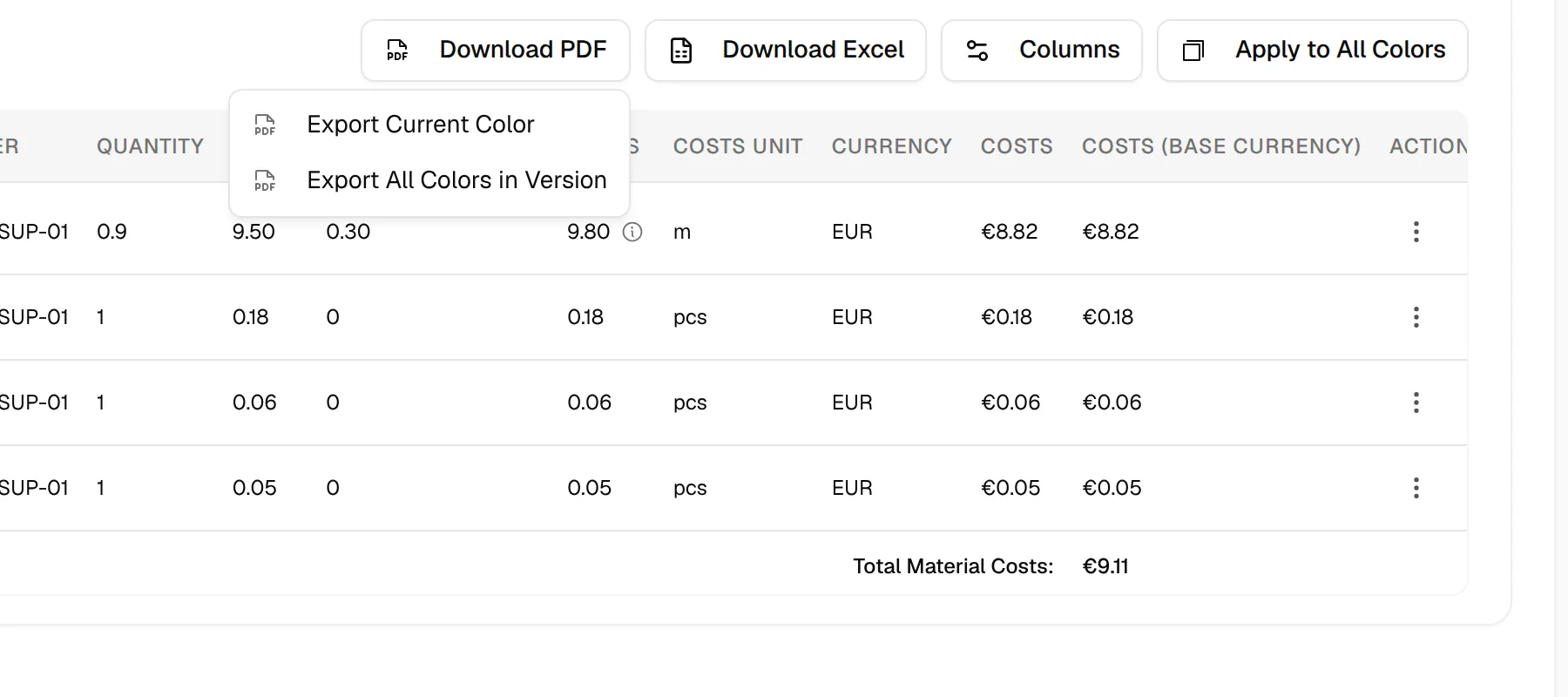 The Download PDF menu with Export Current Color and Export All Colors in Version