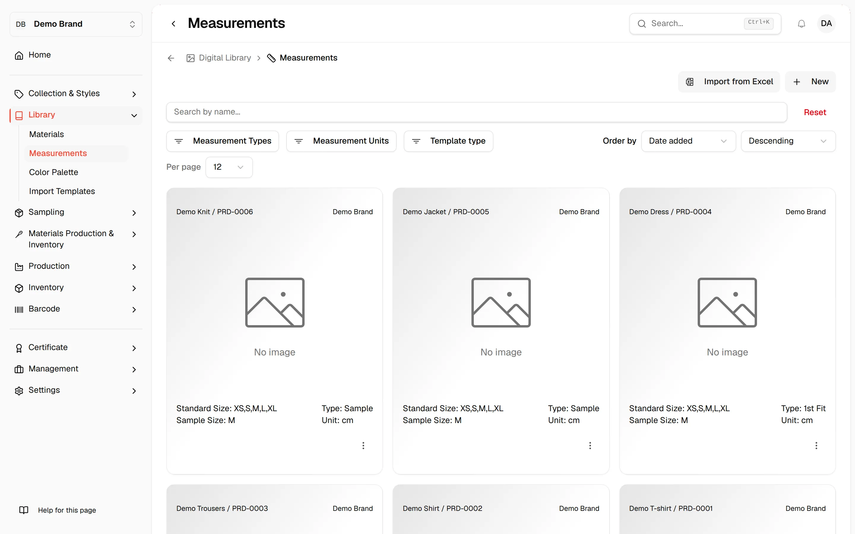 The Measurements library with the Import from Excel button at the top right