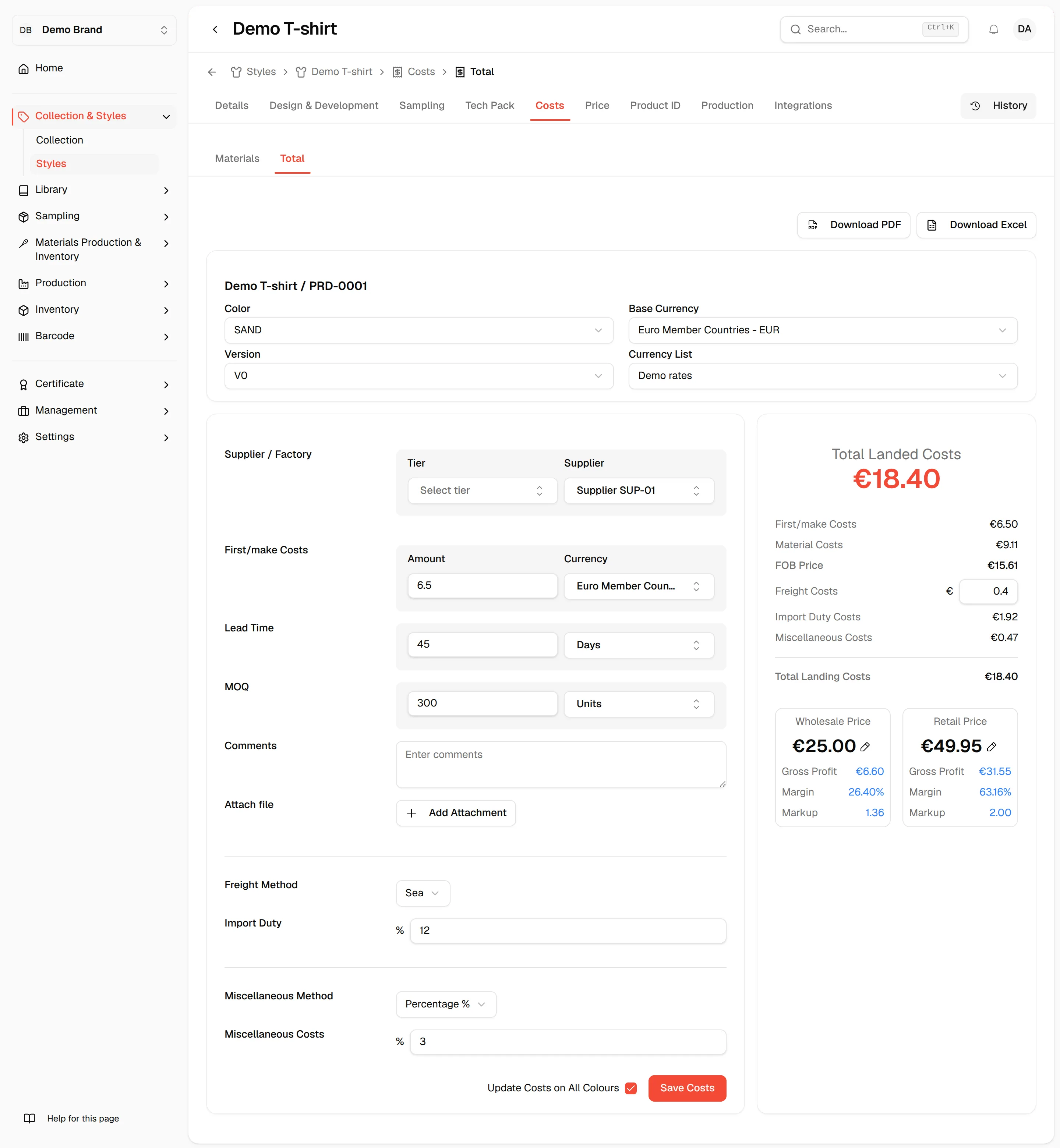 The Total Cost page with the Color, Version, Base Currency and Currency List selectors, the cost fields and the Total Landed Costs summary